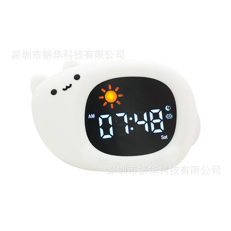 Cross Border New Kitten Silicone Alarm Clock Children Sunrise Wake Up Sleep Training Night Light LCD Digital Alarm Clock